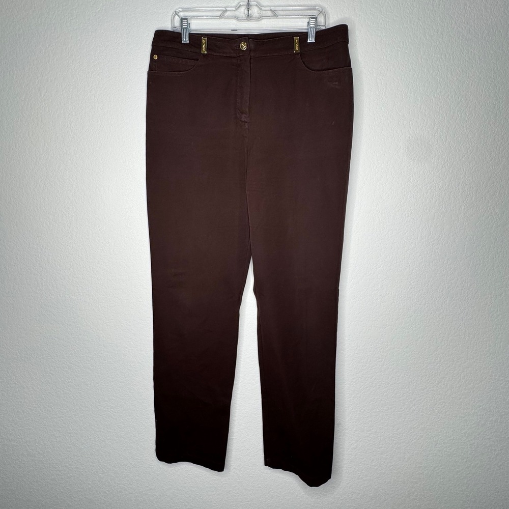 St John Sport Essentials Marie Gray Brown Straight Leg Pants Gold Hardware Sz 14